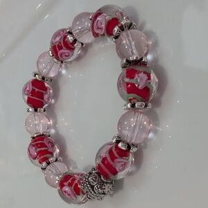 Handmade Glasswork Floral Pink and Red Beaded Stretch Bracelet 6.5"